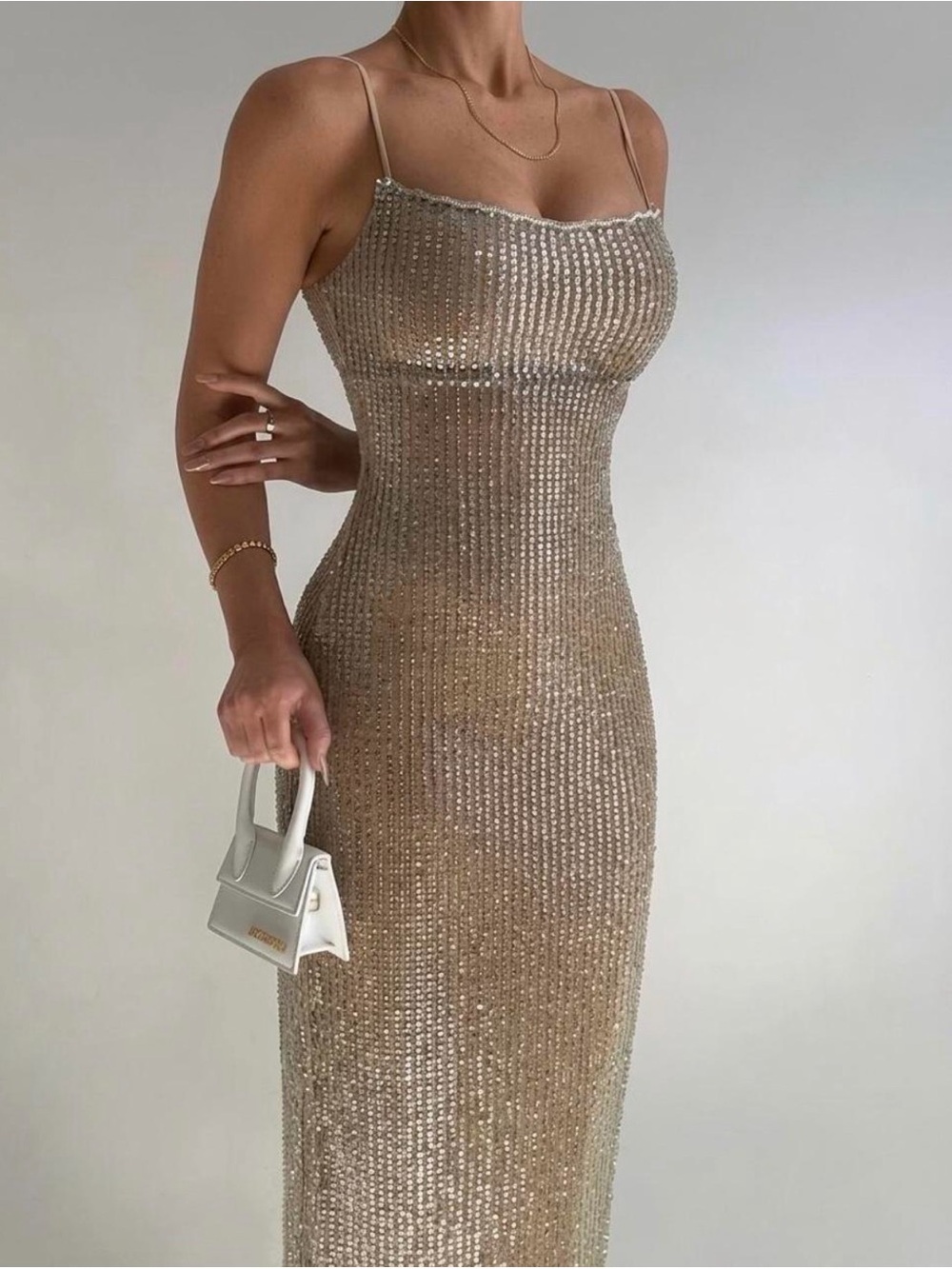 House of CB Alondra: Champagne beaded maxi dress wedding guest